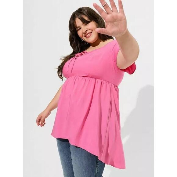 TORRID Pink Babydoll Challis Lace Up High Low Girly Flowy Tunic Shirt Size 12 - Picture 1 of 8